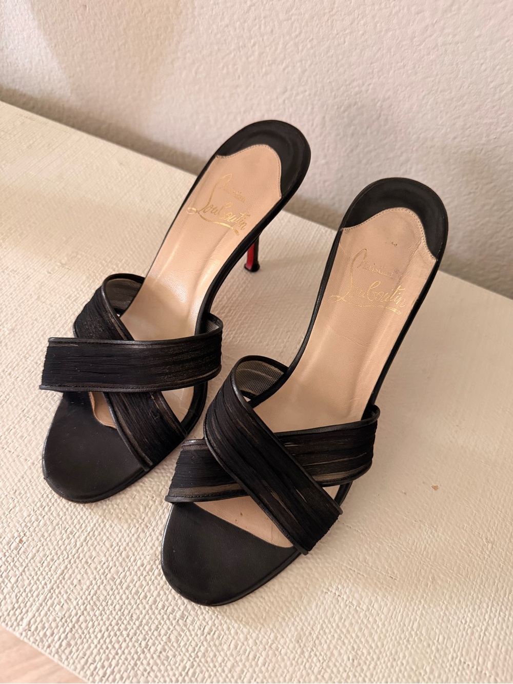 Christian Louboutin Black Cross-Strap Slide Heels with Red Sole